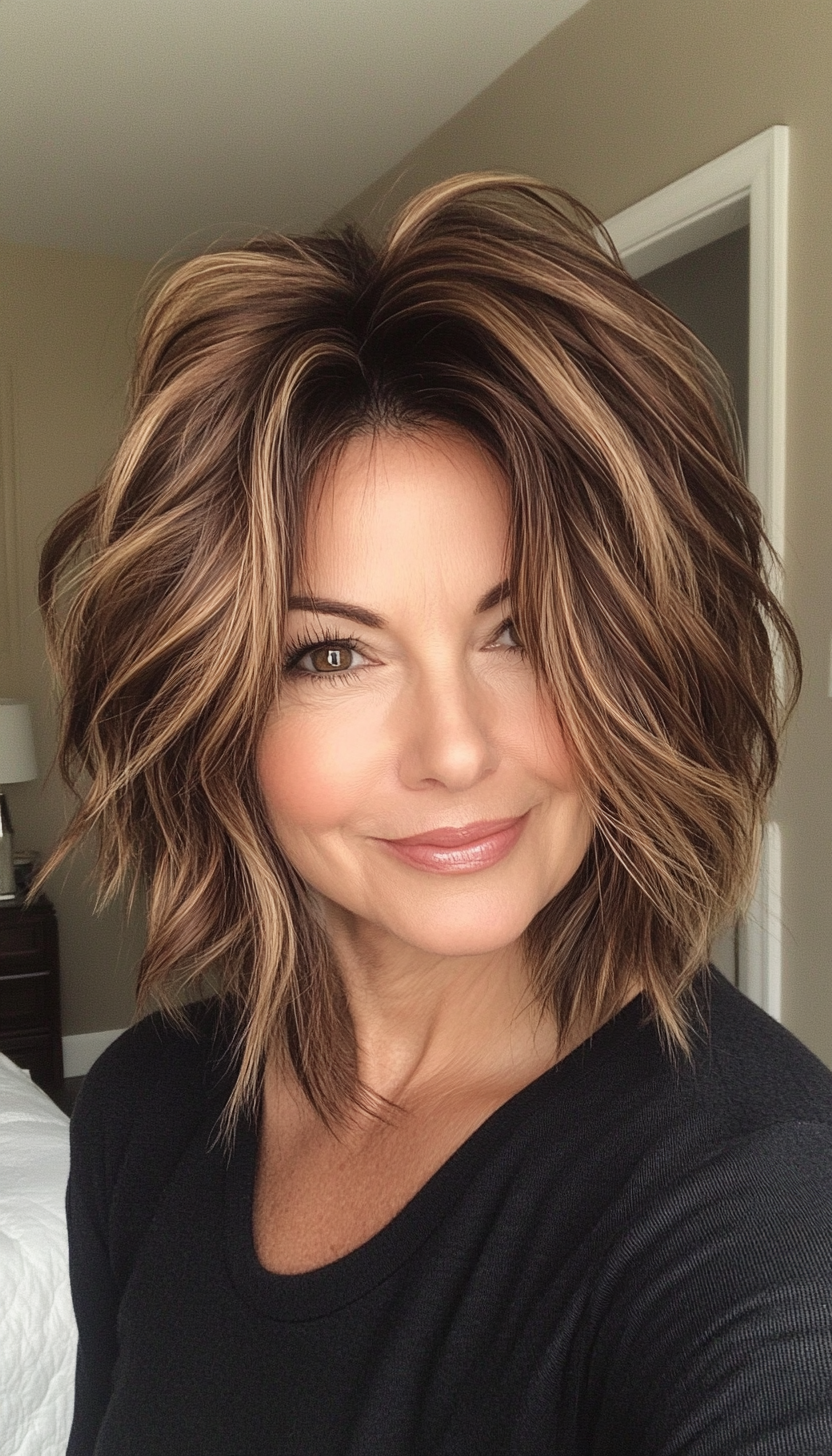 25. Messy Textured Bob with Warm Mocha Highlights (Medium Length Hairstyles For Women Over 60) - Medium Length Hairstyles For Women Over 60