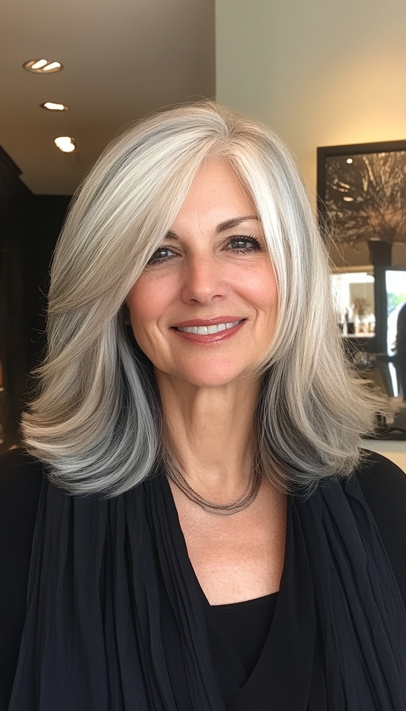 26. Blended Layers with Dimensional Gray Streaks (Medium Length Hairstyles For Women Over 60) - Medium Length Hairstyles For Women Over 60