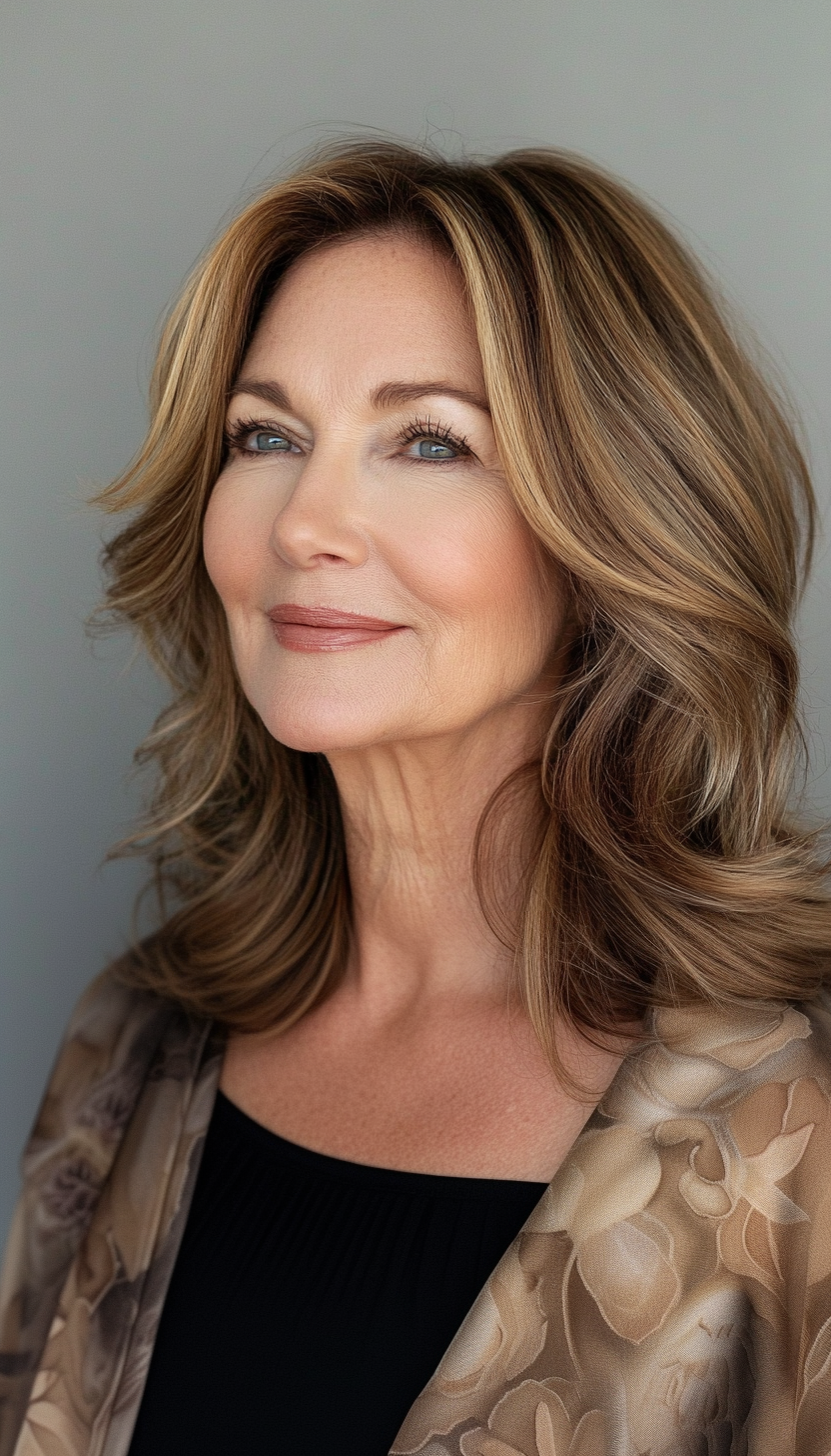 27. Side-Swept Waves in Golden Caramel Brown (Medium Length Hairstyles For Women Over 60) - Medium Length Hairstyles For Women Over 60