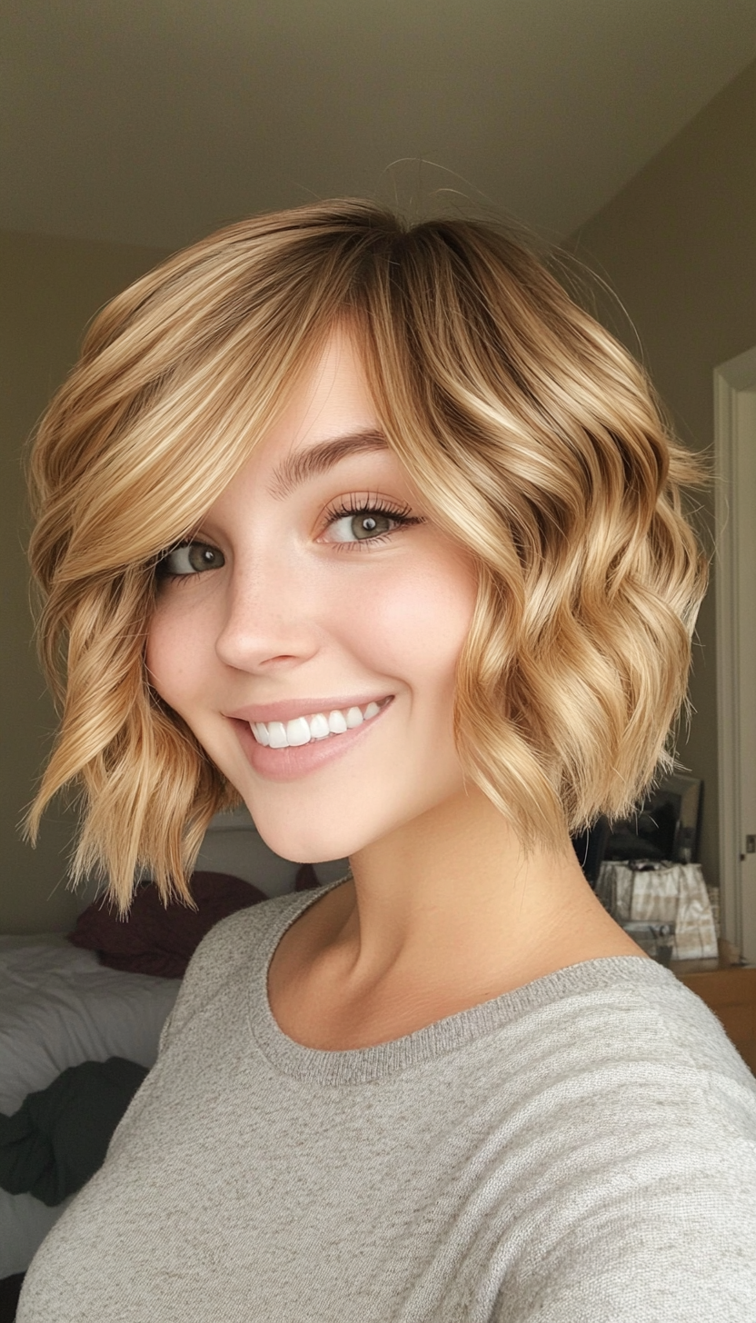 5. Wavy Bob with Side Bangs in Golden Blonde (Short Hairstyles For Thin Hair) - Short Hairstyles For Thin Hair
