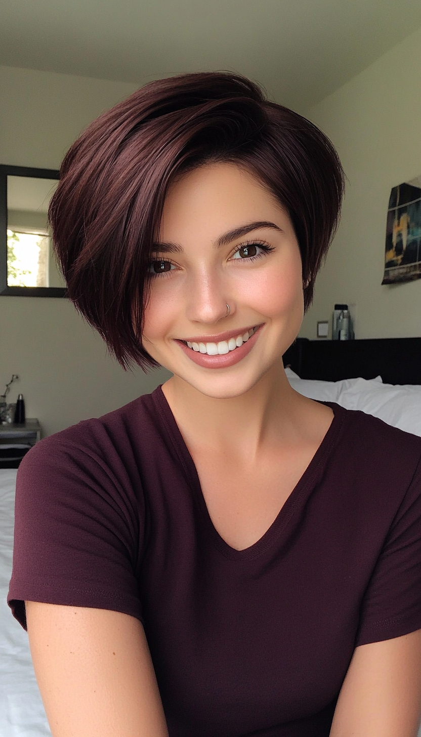 8. Asymmetrical Pixie in Dark Mahogany (Short Hairstyles For Thin Hair) - Short Hairstyles For Thin Hair