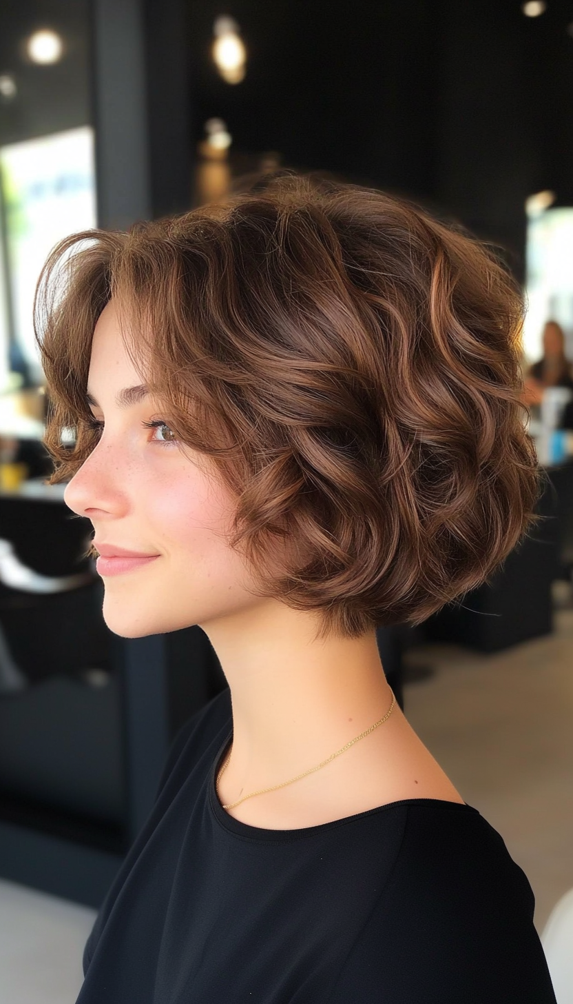 9. Short Curly Bob in Warm Caramel Brown (Short Hairstyles For Thin Hair) - Short Hairstyles For Thin Hair