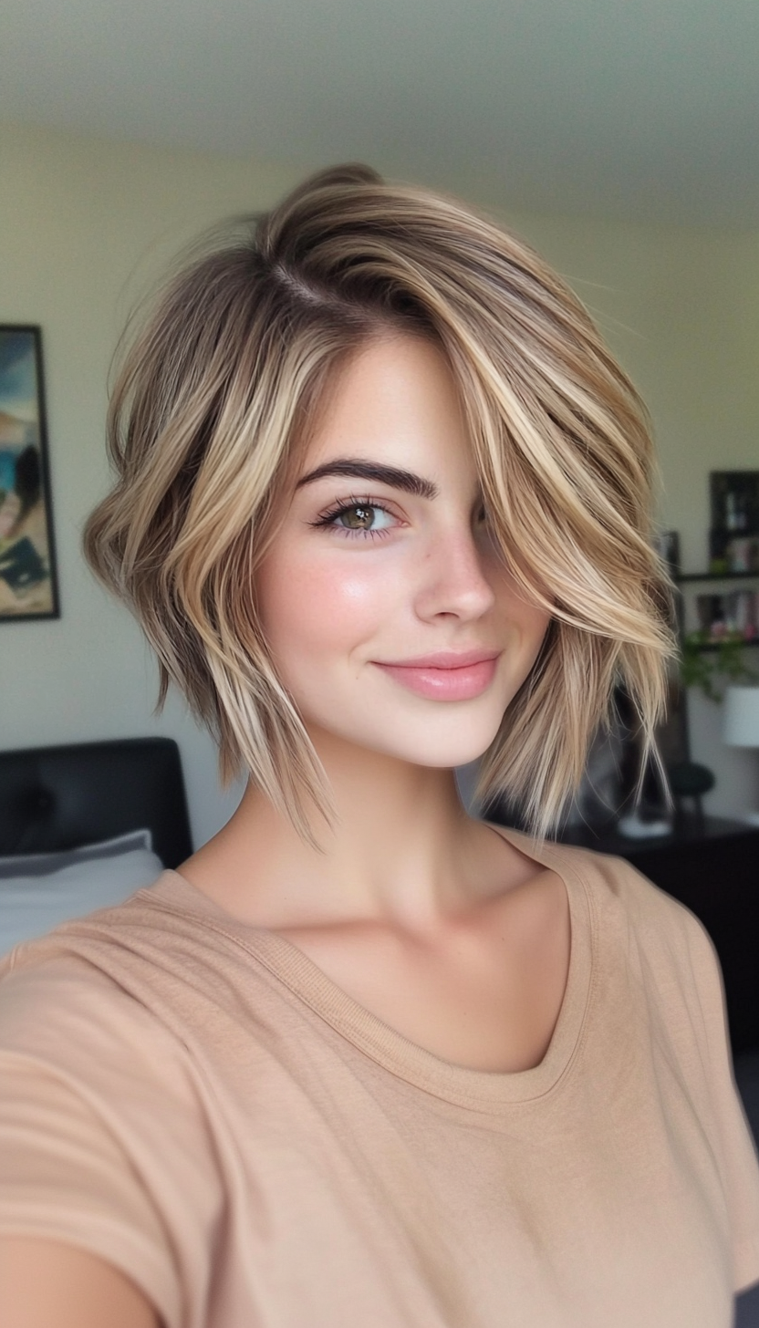 10. Layered Lob in Sandy Blonde (Short Hairstyles For Thin Hair) - Short Hairstyles For Thin Hair