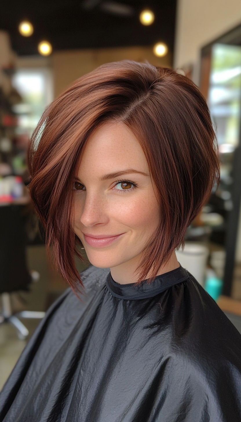 11. Angled Bob in Dark Auburn (Short Hairstyles For Thin Hair) - Short Hairstyles For Thin Hair