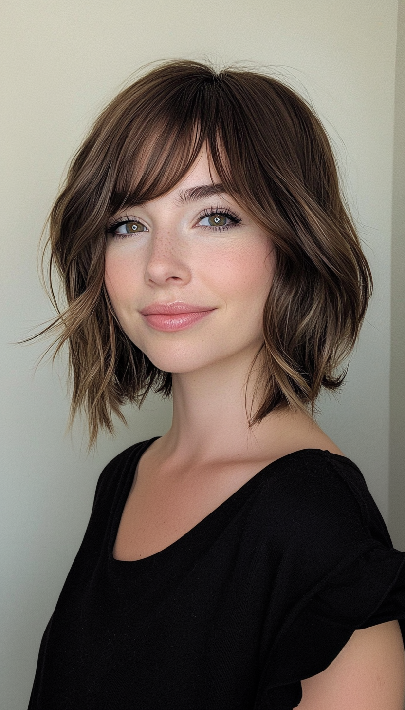 14. Choppy Bob with Bangs in Neutral Medium Brown (Short Hairstyles For Thin Hair) - Short Hairstyles For Thin Hair