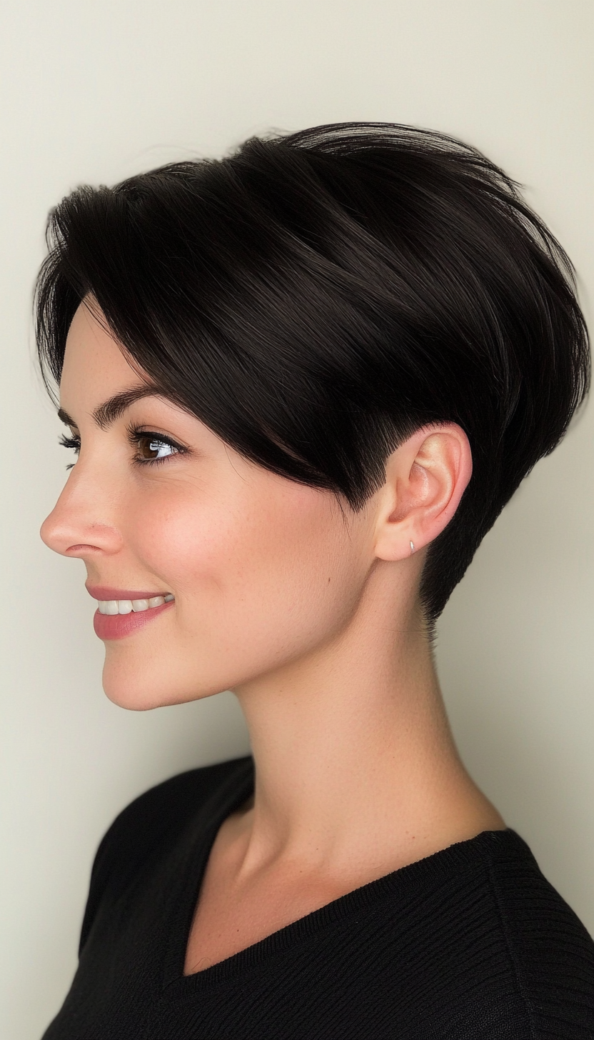 15. Sleek Pixie with Side Part in Jet Black (Short Hairstyles For Thin Hair) - Short Hairstyles For Thin Hair