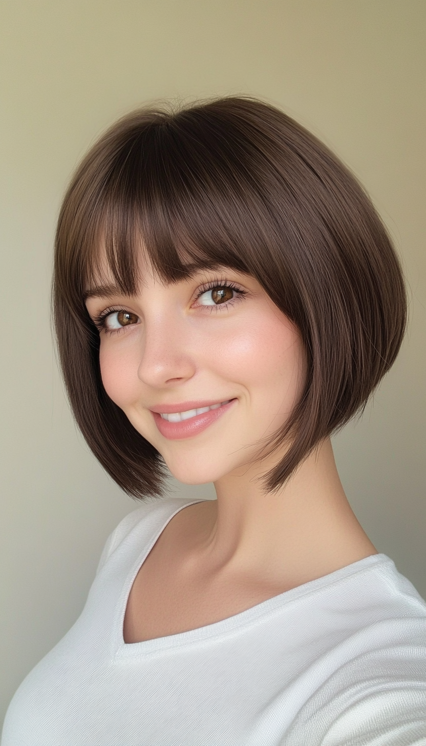 19. Tapered Bob with Bangs in Deep Brunette (Short Hairstyles For Thin Hair) - Short Hairstyles For Thin Hair