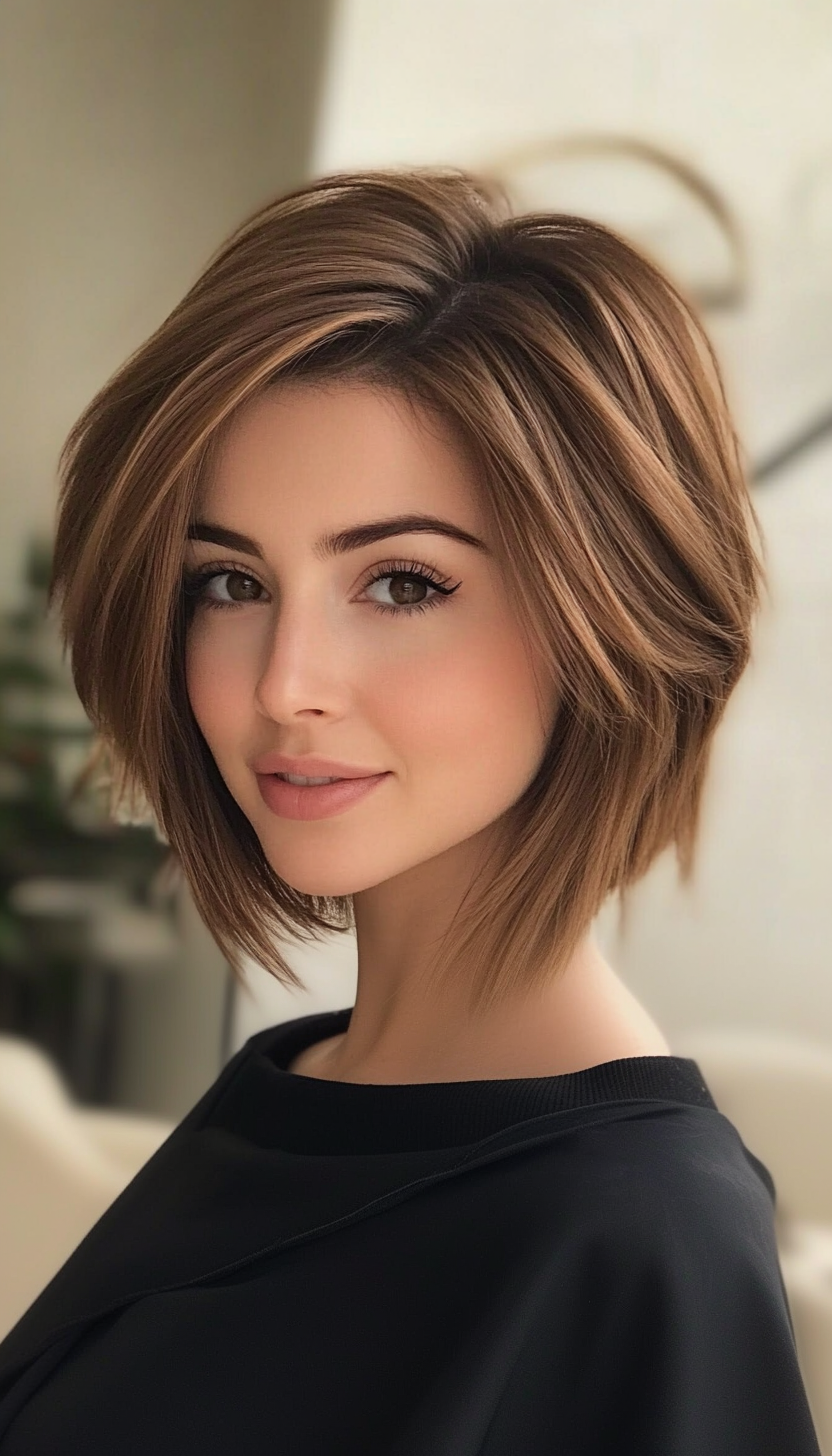 20. Short Stacked Bob in Medium Golden Brown (Short Hairstyles For Thin Hair) - Short Hairstyles For Thin Hair