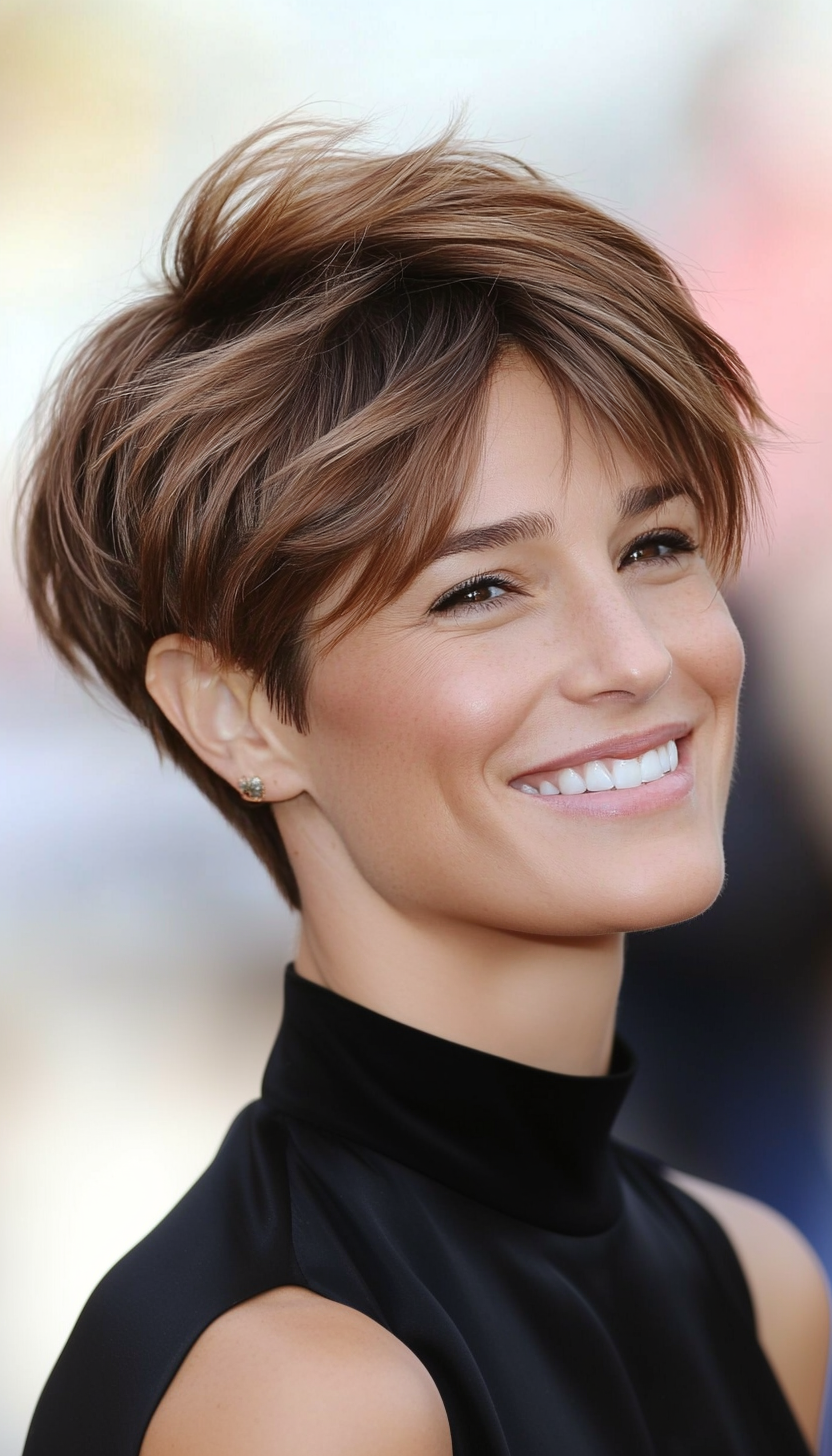 26. Short Feathered Layers in Soft Cocoa Brown (Short Hairstyles For Thin Hair) - Short Hairstyles For Thin Hair