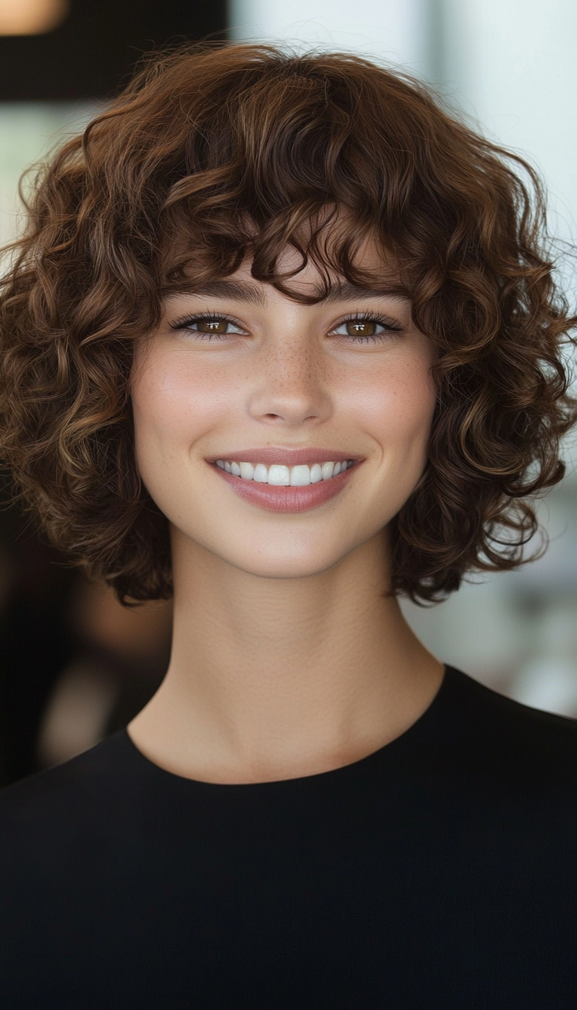 1. Soft Curly Bob with Chestnut Brown Waves (Hairstyles For Curly Hair With Bangs) - Hairstyles For Curly Hair With Bangs