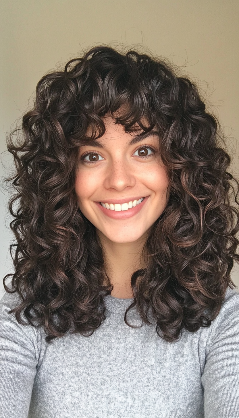 2. Layered Curly Shag with Dark Espresso Tones (Hairstyles For Curly Hair With Bangs) - Hairstyles For Curly Hair With Bangs