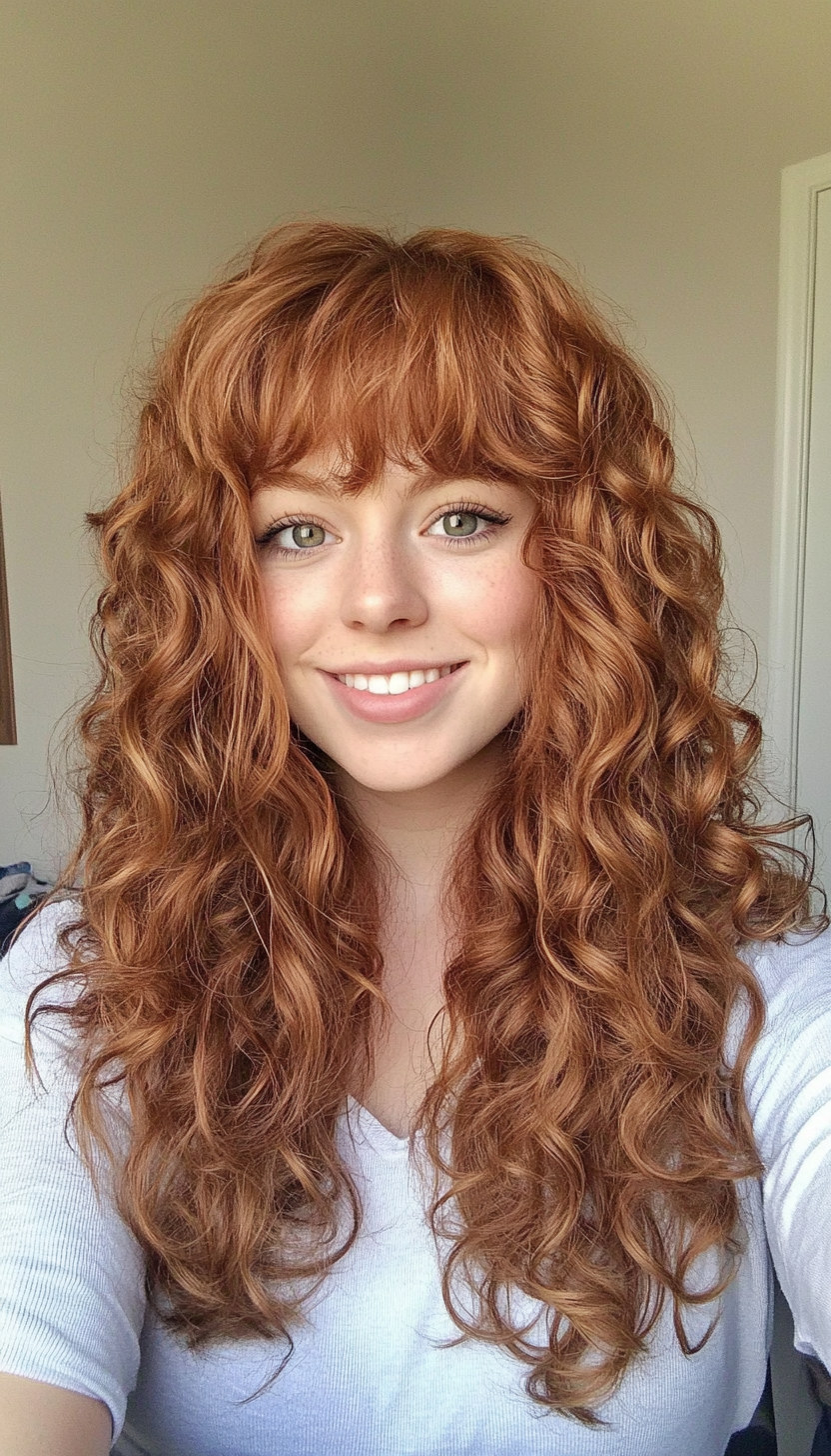 3. Wispy Bangs with Shoulder-Length Auburn Curls (Hairstyles For Curly Hair With Bangs) - Hairstyles For Curly Hair With Bangs