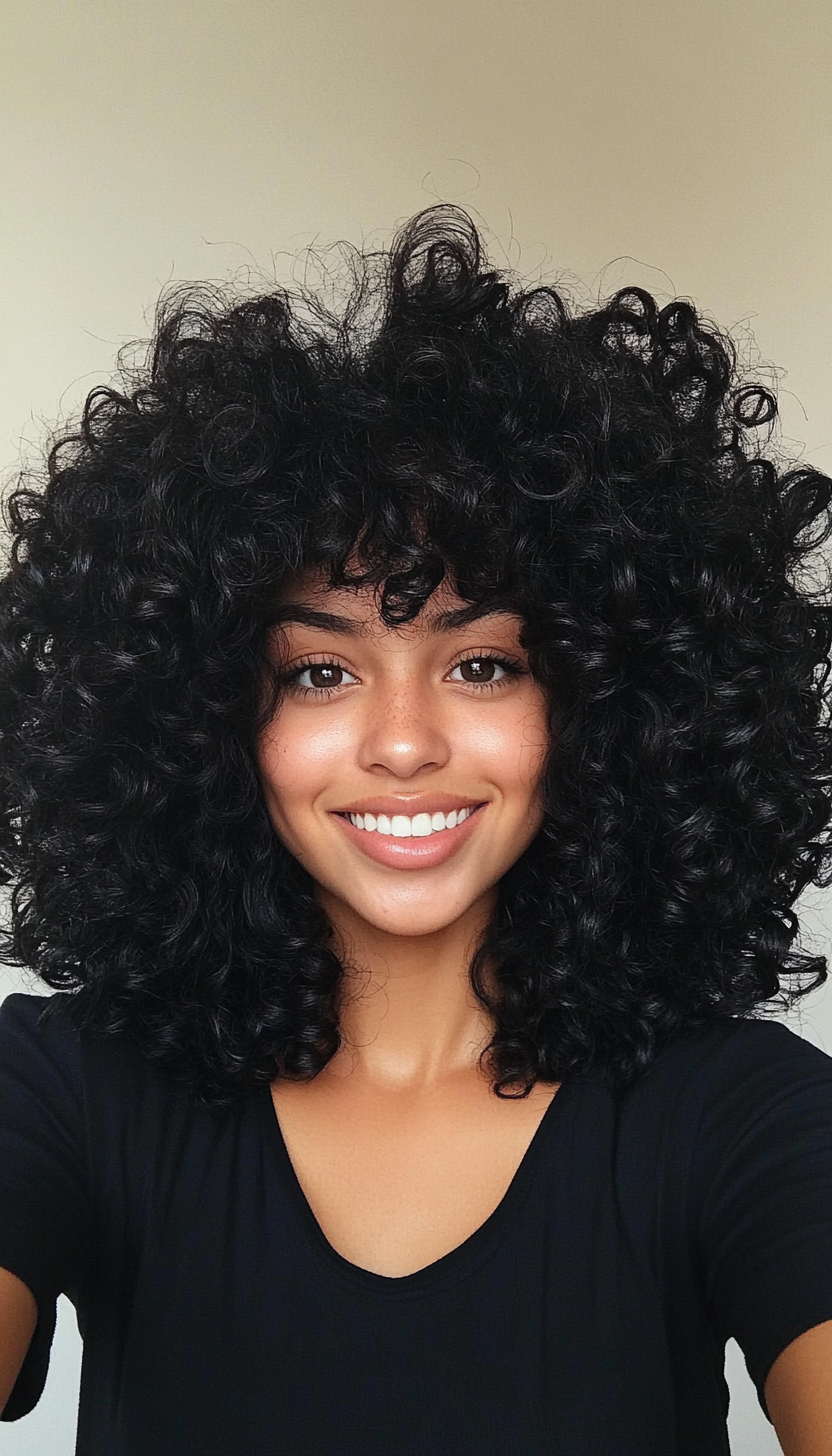 4. Round Curly Afro with Rich Jet Black (Hairstyles For Curly Hair With Bangs) - Hairstyles For Curly Hair With Bangs
