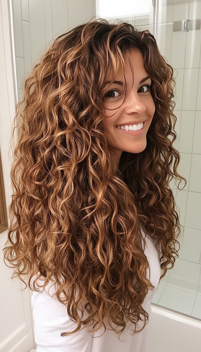 5. Long Curly Layers with Honey Brown Highlights (Hairstyles For Curly Hair With Bangs) - Hairstyles For Curly Hair With Bangs