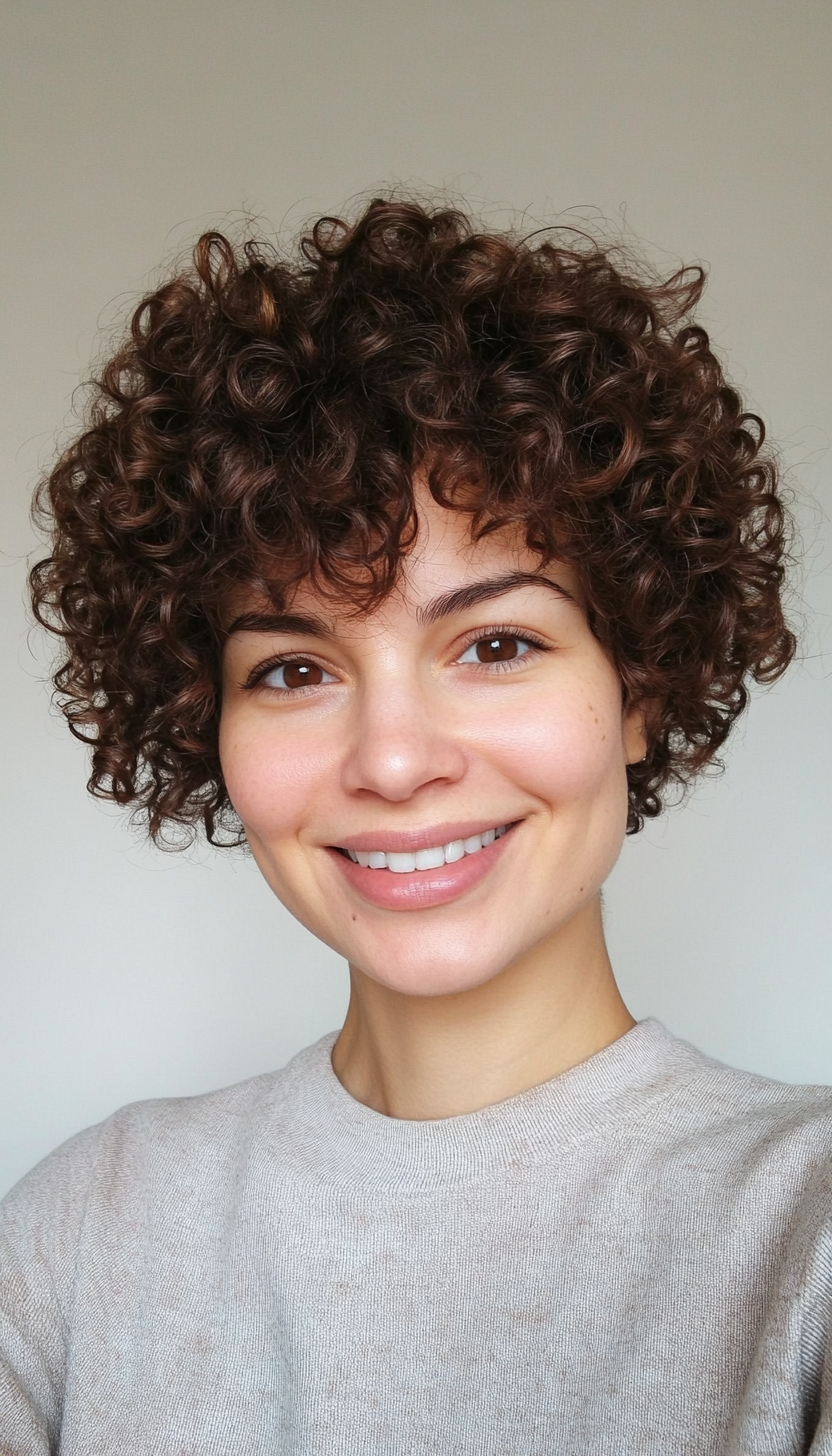 6. Textured Curly Pixie with Warm Caramel Brown (Hairstyles For Curly Hair With Bangs) - Hairstyles For Curly Hair With Bangs