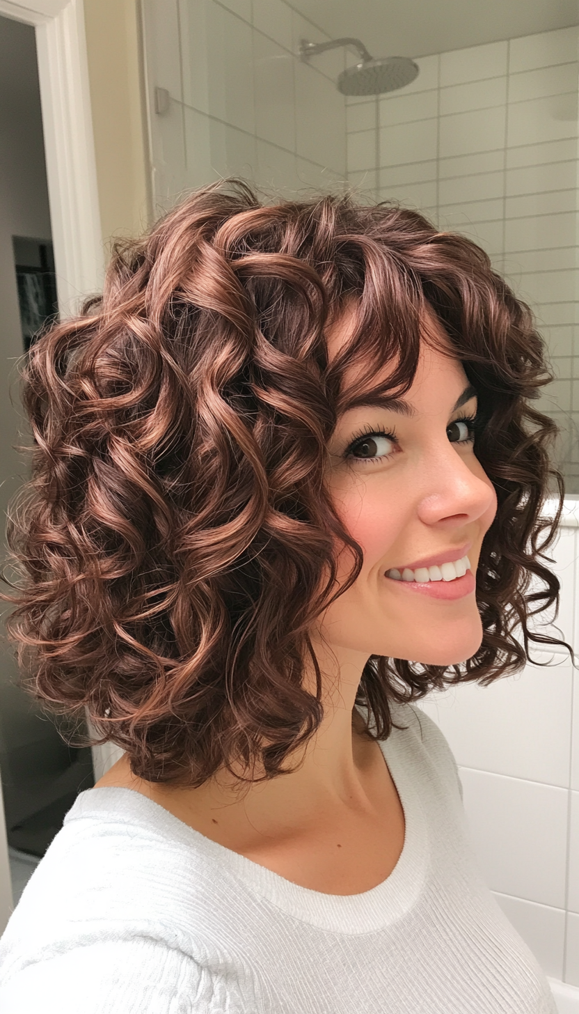 7. Chin-Length Curly Bob with Soft Mahogany Tones (Hairstyles For Curly Hair With Bangs) - Hairstyles For Curly Hair With Bangs