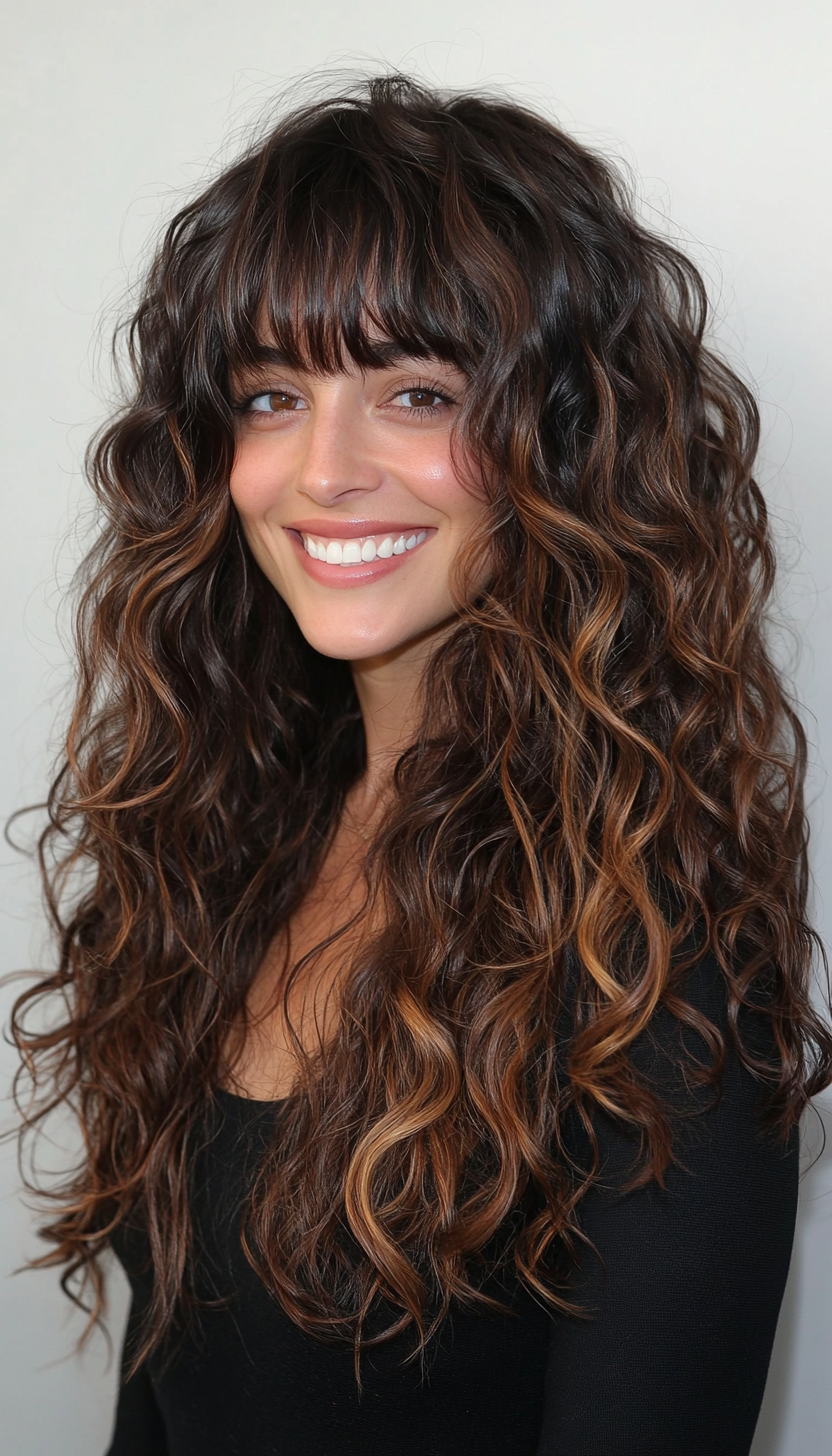 8. Curly Curtain Bangs with Dark Chocolate Layers (Hairstyles For Curly Hair With Bangs) - Hairstyles For Curly Hair With Bangs