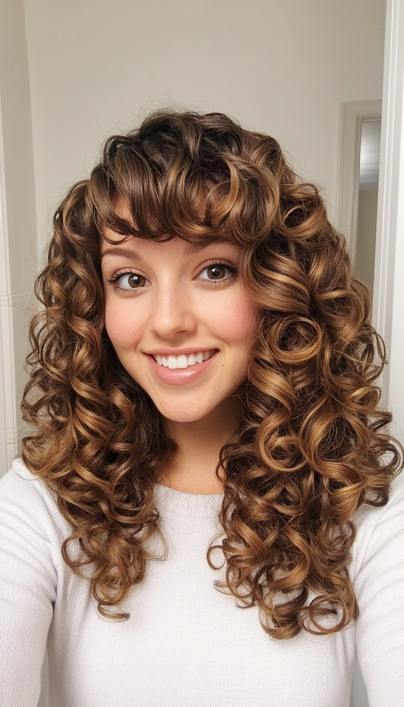 9. Shoulder-Length Spiral Curls with Golden Brown Accents (Hairstyles For Curly Hair With Bangs) - Hairstyles For Curly Hair With Bangs