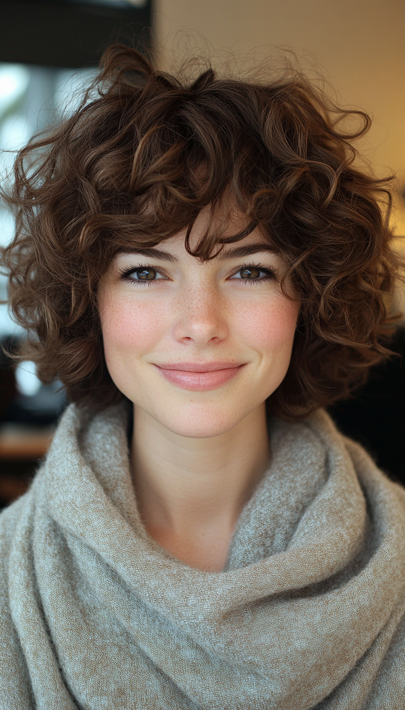 10. Voluminous Curly Lob with Dark Walnut Depth (Hairstyles For Curly Hair With Bangs) - Hairstyles For Curly Hair With Bangs