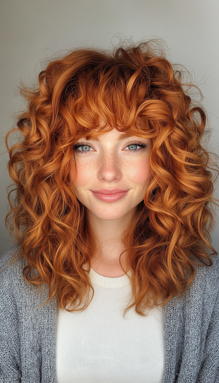12. Bouncy Curly Shag with Copper Highlights (Hairstyles For Curly Hair With Bangs) - Hairstyles For Curly Hair With Bangs