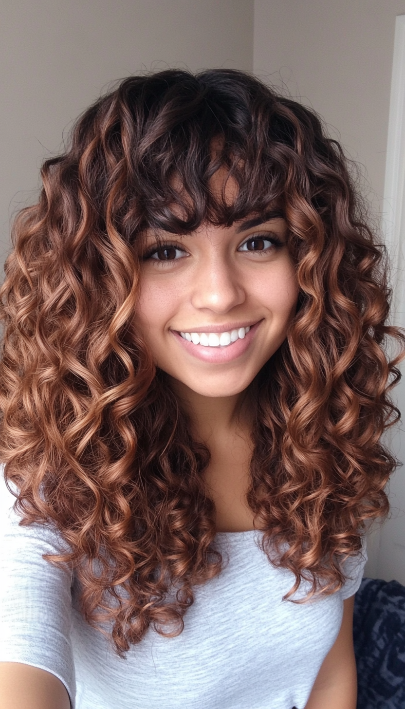 13. Rounded Shoulder-Length Curls with Chestnut Ombre (Hairstyles For Curly Hair With Bangs) - Hairstyles For Curly Hair With Bangs