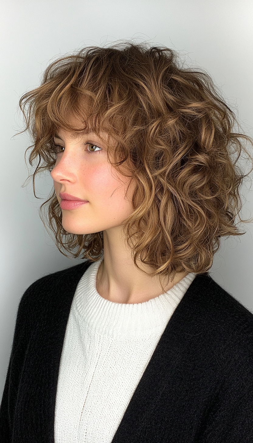 14. Messy Curly Bob with Ash Brown Undertones (Hairstyles For Curly Hair With Bangs) - Hairstyles For Curly Hair With Bangs