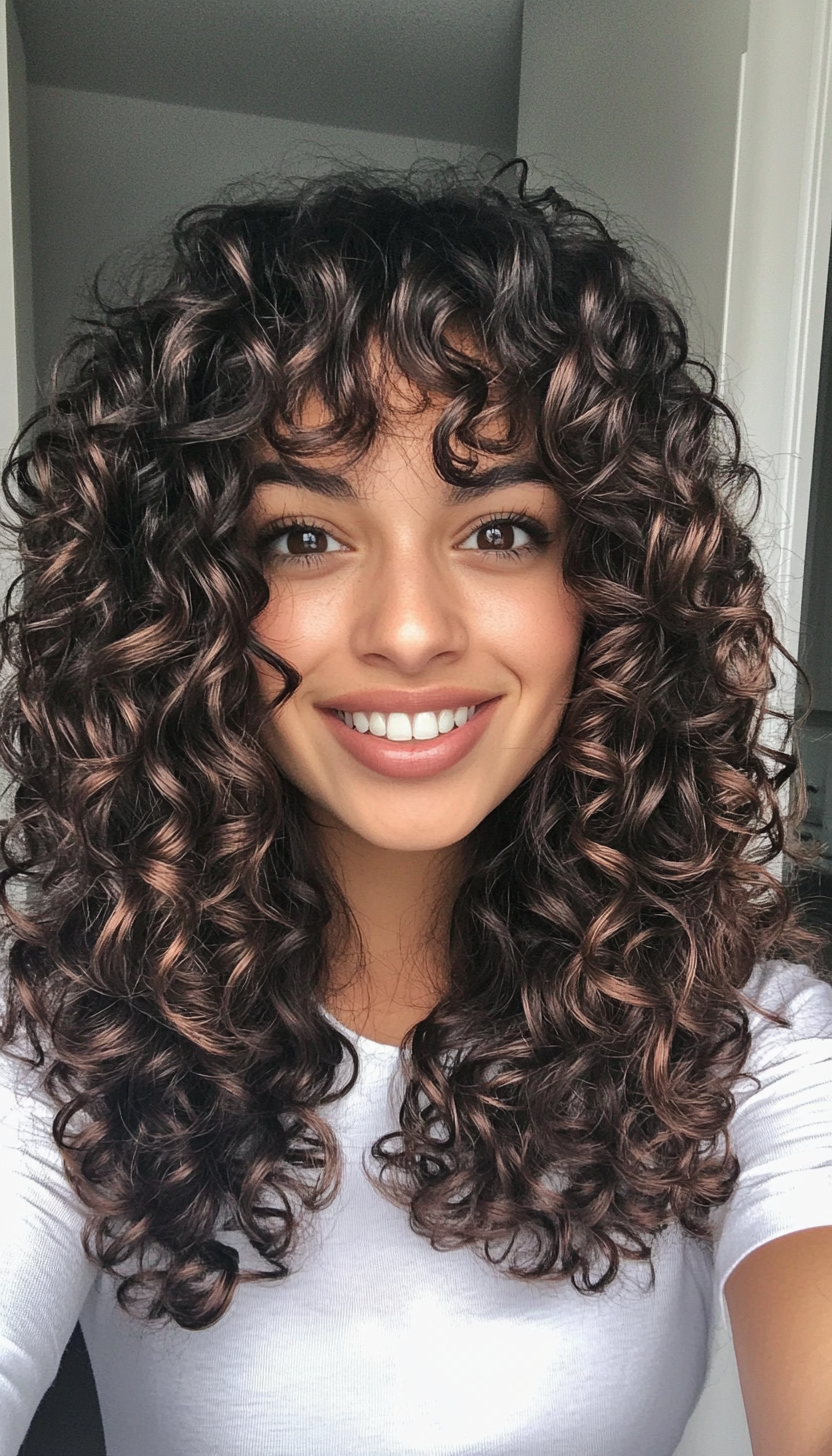 16. Tight Ringlet Curls with Espresso Brown Depth (Hairstyles For Curly Hair With Bangs) - Hairstyles For Curly Hair With Bangs