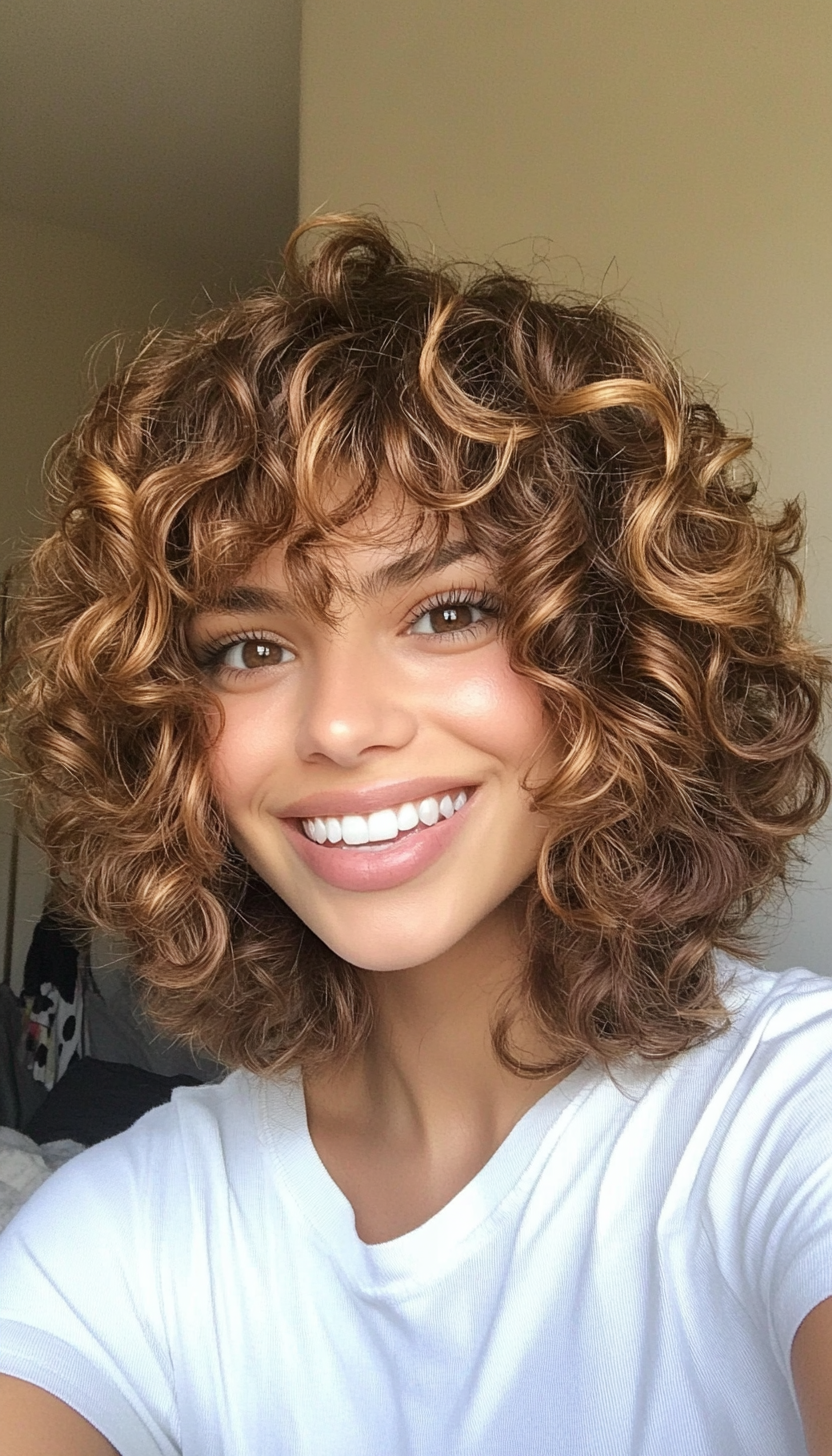 17. Shaggy Curly Pixie with Golden Honey Highlights (Hairstyles For Curly Hair With Bangs) - Hairstyles For Curly Hair With Bangs