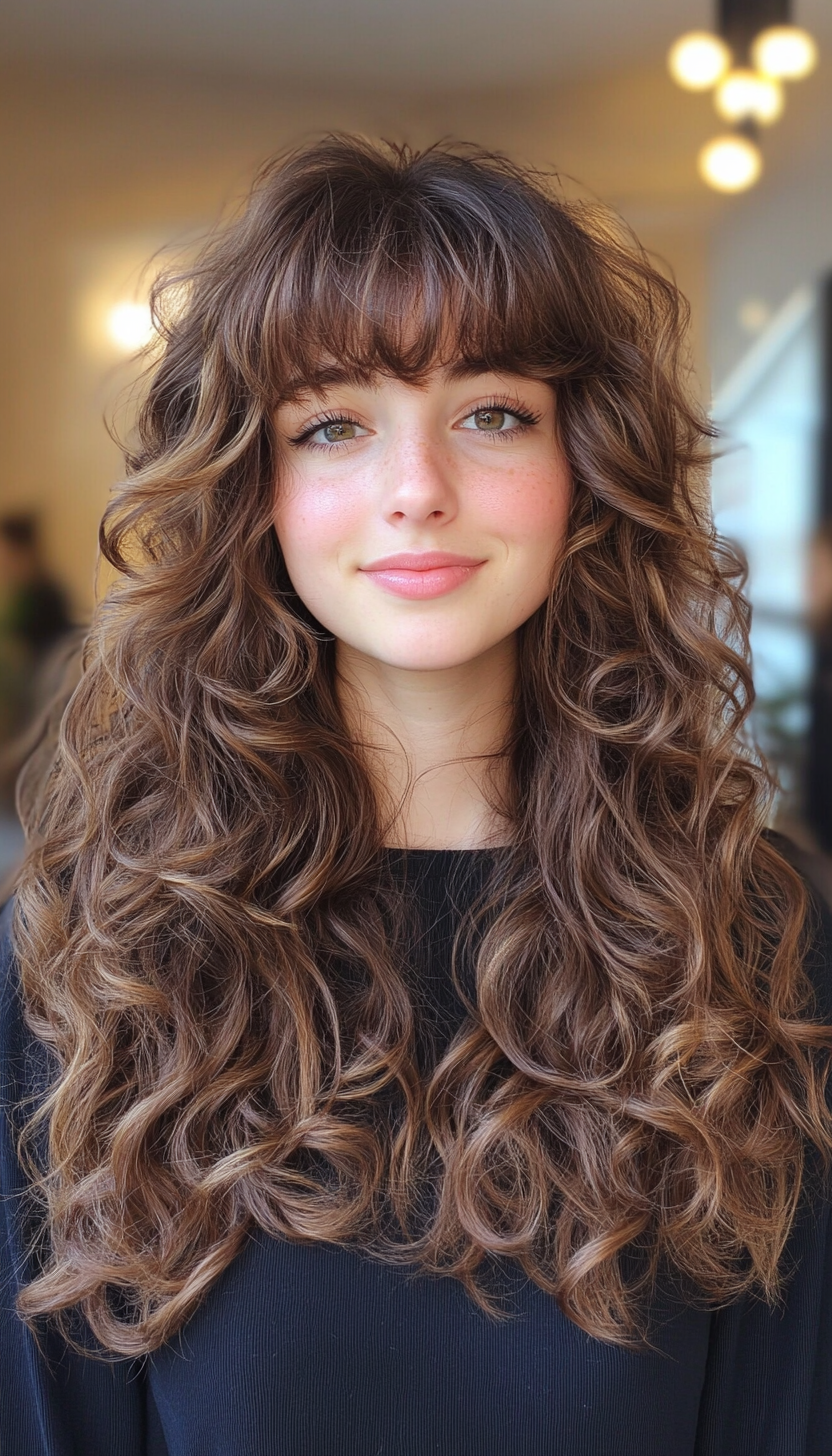 18. Long Cascading Curls with Soft Ash Brown Hue (Hairstyles For Curly Hair With Bangs) - Hairstyles For Curly Hair With Bangs