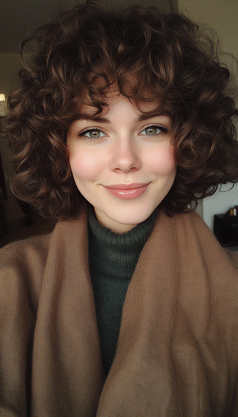 19. Layered Curly Bob with Mocha Brown Undertones (Hairstyles For Curly Hair With Bangs) - Hairstyles For Curly Hair With Bangs