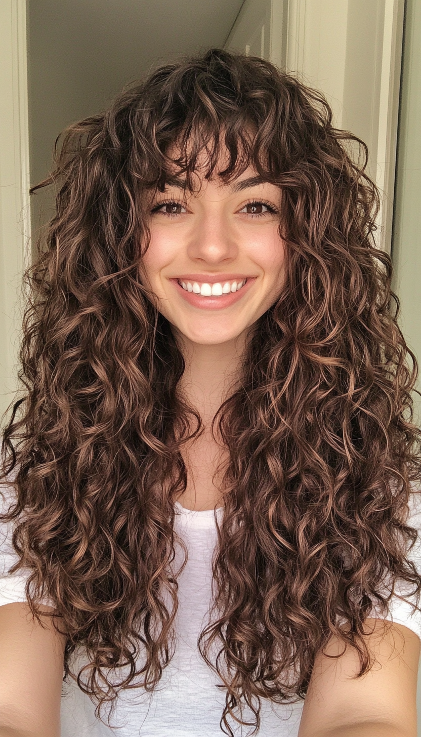 21. Long Curly Shag with Natural Dark Brown Hue (Hairstyles For Curly Hair With Bangs) - Hairstyles For Curly Hair With Bangs