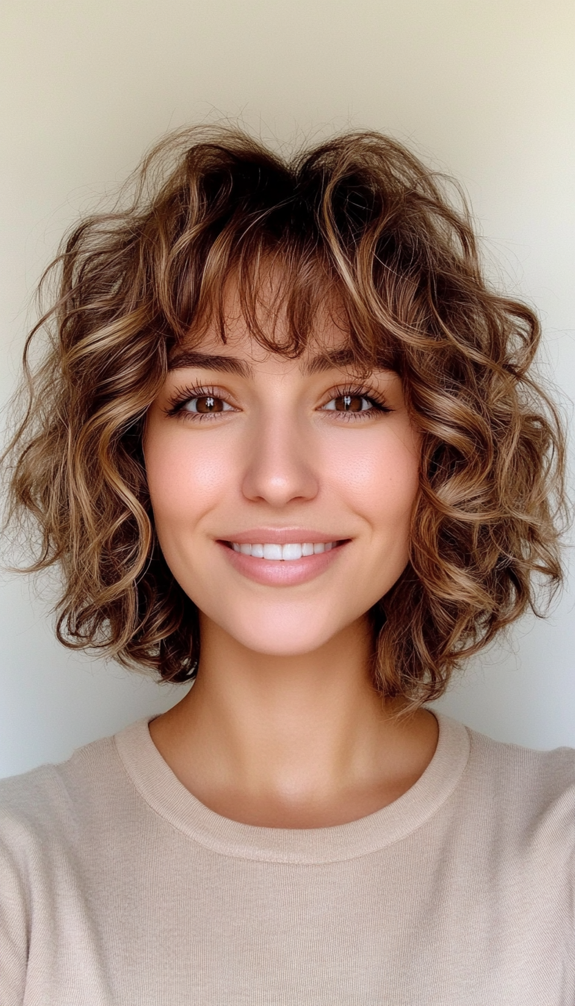 22. Medium-Length Curly Bob with Sandy Brown Hues (Hairstyles For Curly Hair With Bangs) - Hairstyles For Curly Hair With Bangs