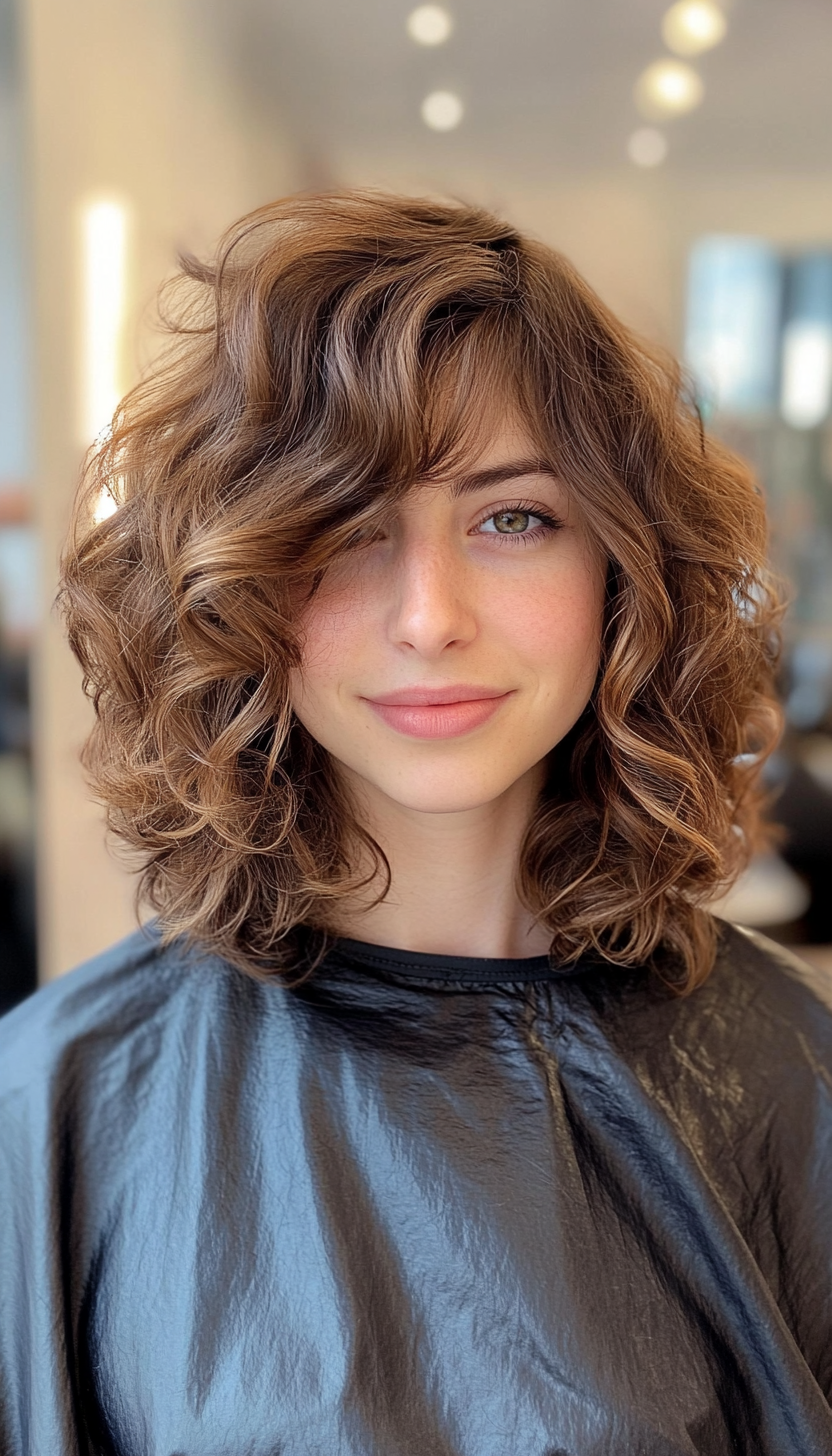 23. Asymmetrical Curly Lob with Hazelnut Highlights (Hairstyles For Curly Hair With Bangs) - Hairstyles For Curly Hair With Bangs