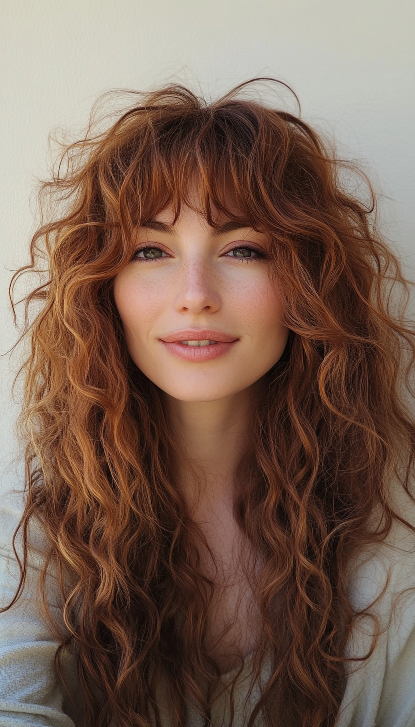 24. Face-Framing Curly Layers with Warm Chestnut Brown (Hairstyles For Curly Hair With Bangs) - Hairstyles For Curly Hair With Bangs