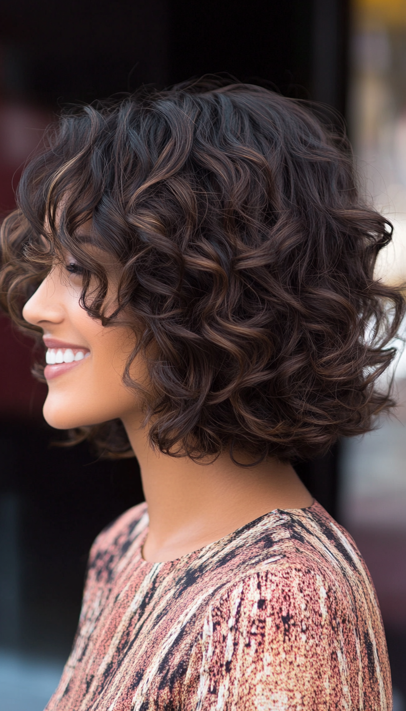 25. Chin-Length Layered Curly Bob with Deep Cocoa Brown (Hairstyles For Curly Hair With Bangs) - Hairstyles For Curly Hair With Bangs