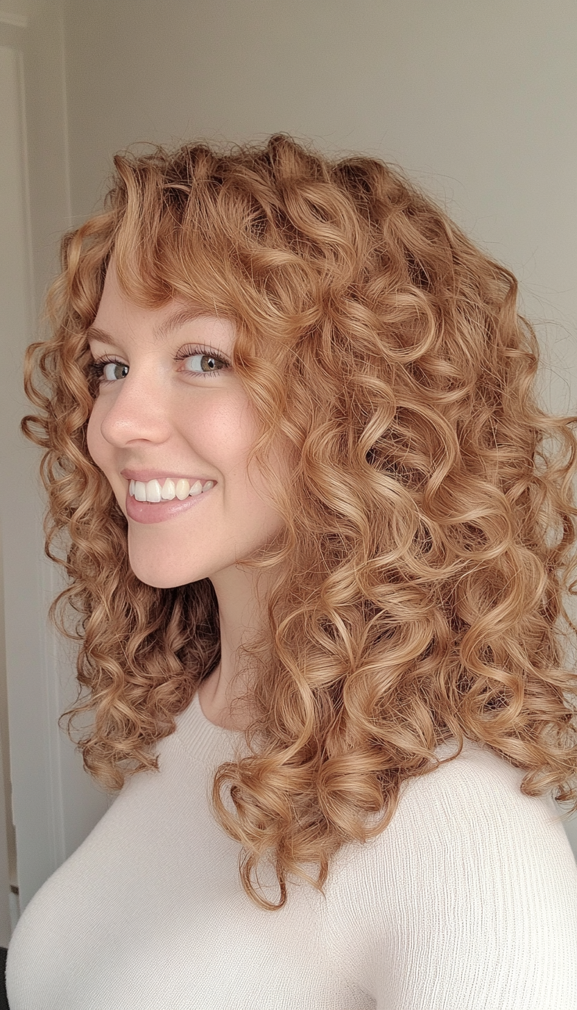26. Shoulder-Length Textured Curls with Honey Blonde Accents (Hairstyles For Curly Hair With Bangs) - Hairstyles For Curly Hair With Bangs