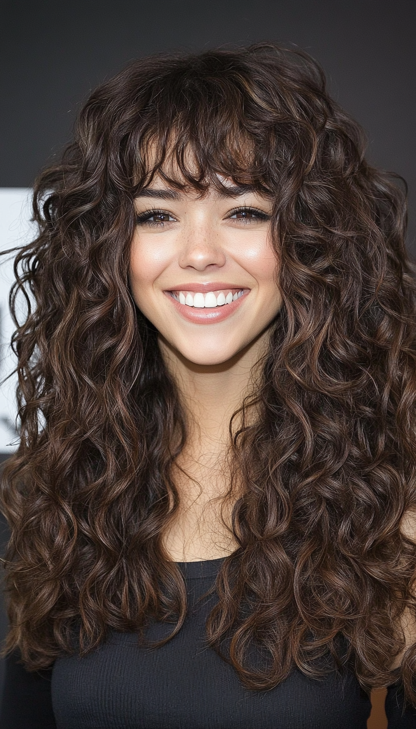 27. Long Voluminous Curls with Rich Espresso Brown (Hairstyles For Curly Hair With Bangs) - Hairstyles For Curly Hair With Bangs
