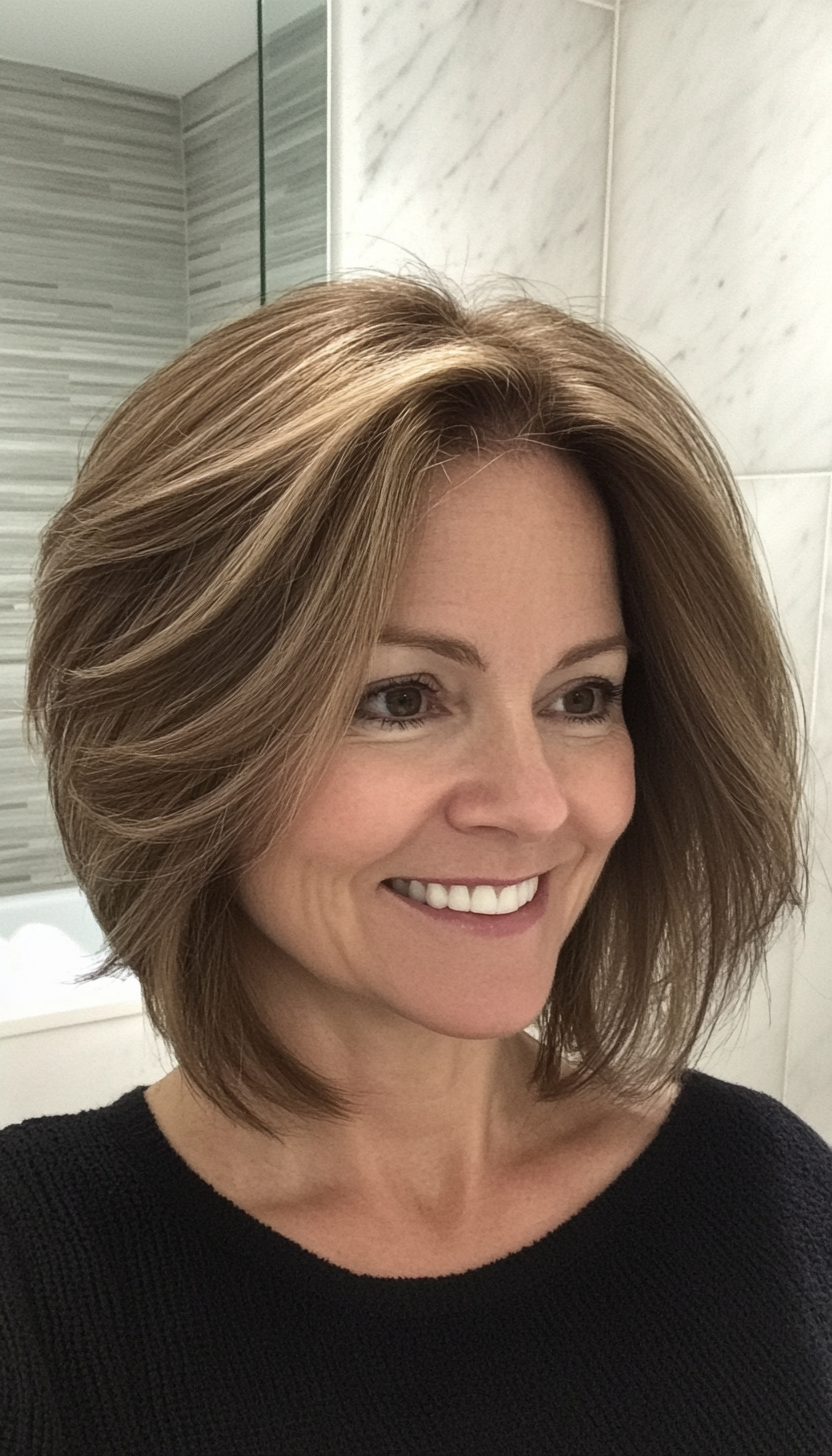 1. Feathered Bob with Ash Brown Highlights (Hairstyles For Women Over 40 With Fine Hair) - Hairstyles For Women Over 40 With Fine Hair
