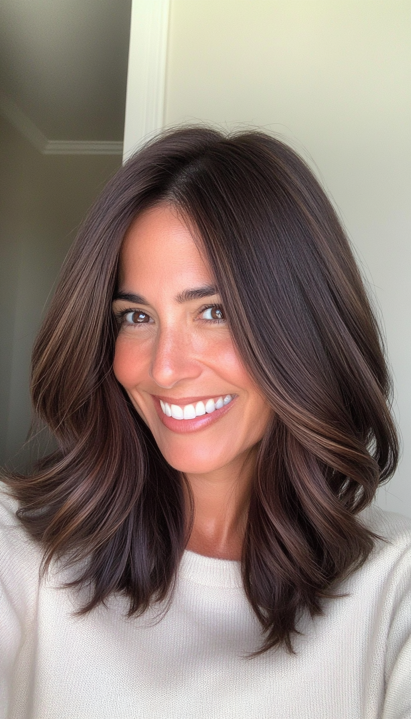 2. Soft Layered Lob with Dark Chocolate Tones (Hairstyles For Women Over 40 With Fine Hair) - Hairstyles For Women Over 40 With Fine Hair