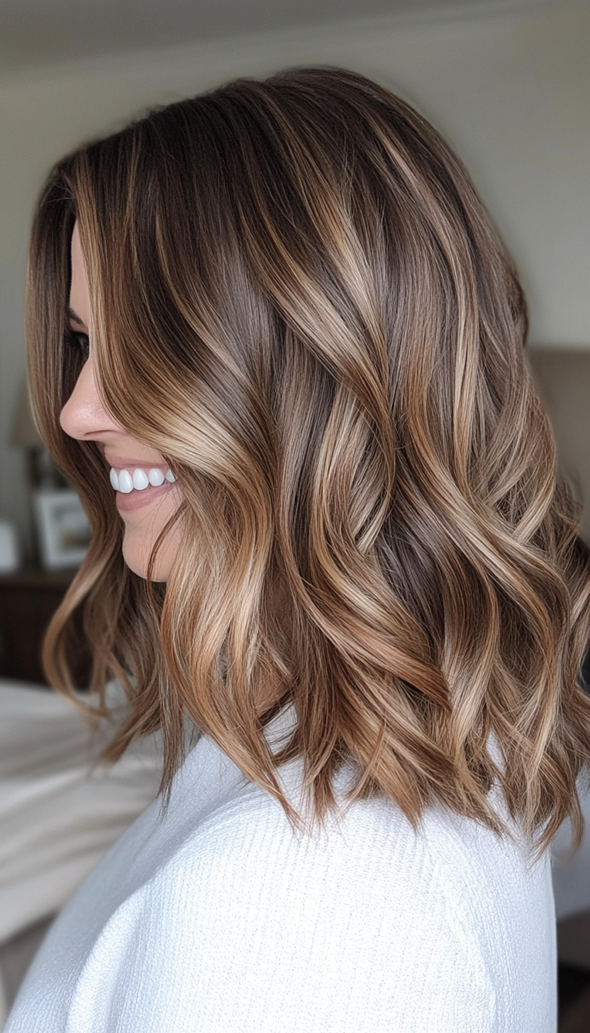 5. Wavy Shoulder-Length Cut with Caramel Lowlights (Hairstyles For Women Over 40 With Fine Hair) - Hairstyles For Women Over 40 With Fine Hair
