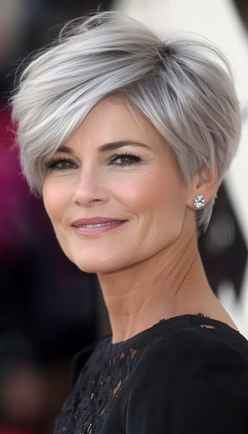 6. Side-Swept Pixie with Natural Silver Tones (Hairstyles For Women Over 40 With Fine Hair) - Hairstyles For Women Over 40 With Fine Hair