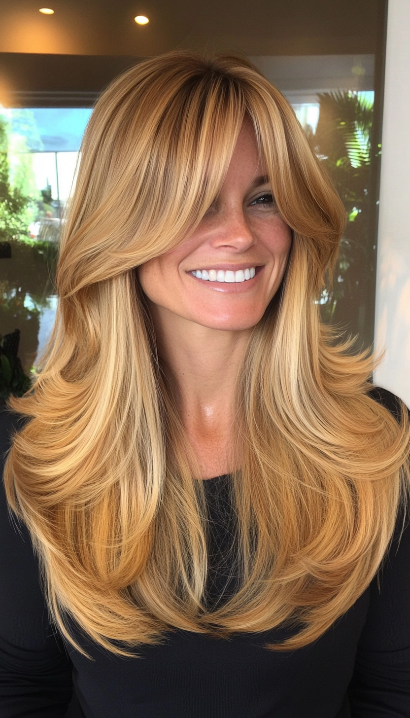 7. Long Curtain Bangs with Golden Blonde Layers (Hairstyles For Women Over 40 With Fine Hair) - Hairstyles For Women Over 40 With Fine Hair