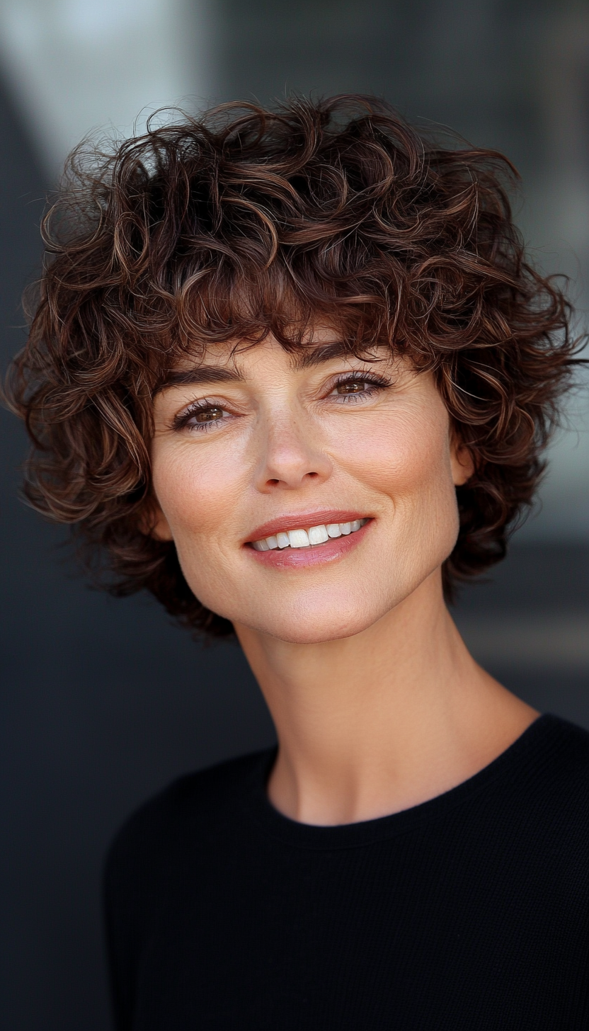 8. Short Curly Crop with Warm Brunette Tones (Hairstyles For Women Over 40 With Fine Hair) - Hairstyles For Women Over 40 With Fine Hair