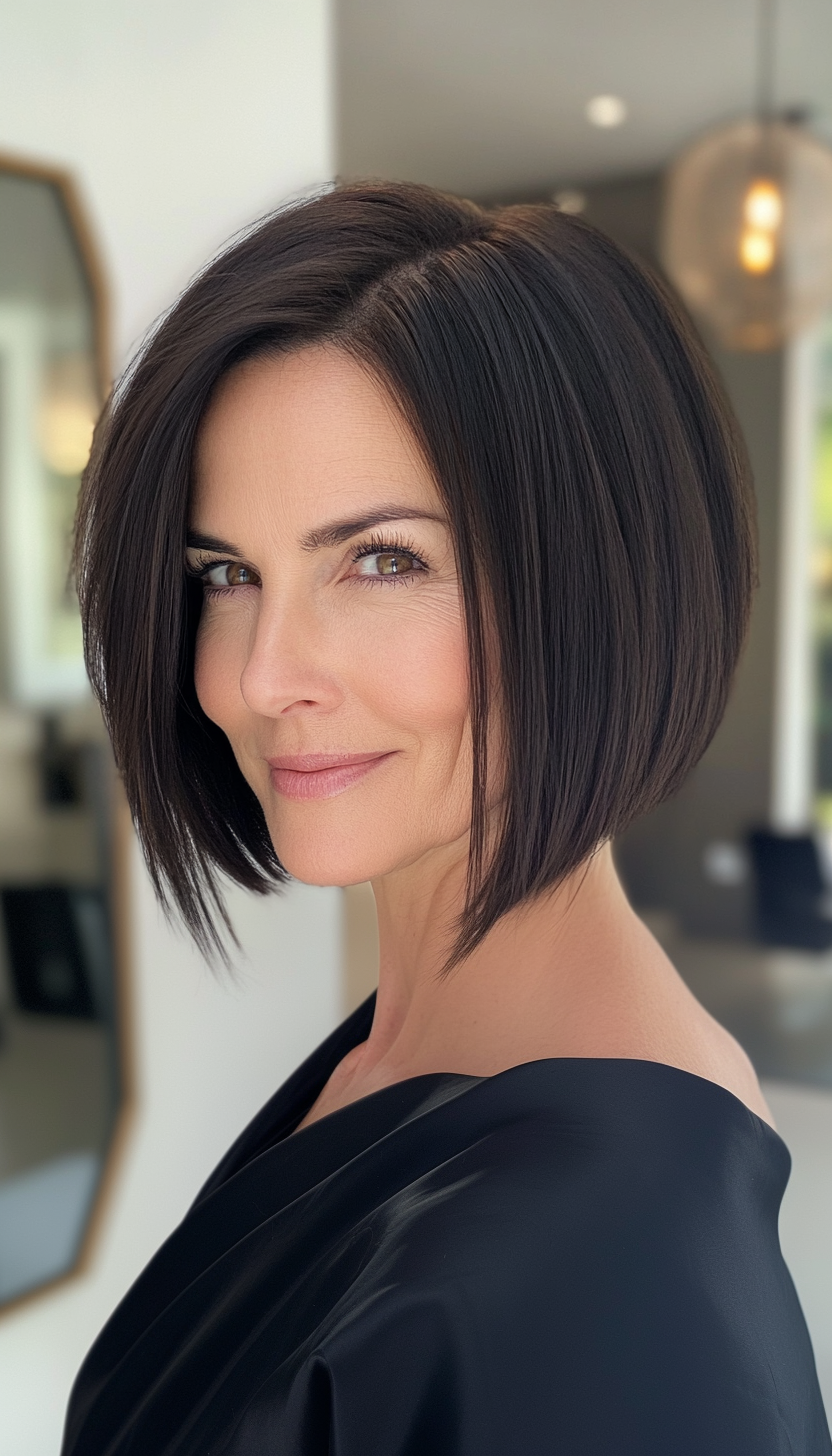 11. Sleek Angled Bob with Jet Black Shine (Hairstyles For Women Over 40 With Fine Hair) - Hairstyles For Women Over 40 With Fine Hair