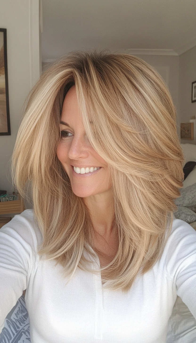 12. Layered Shag with Sandy Blonde Accents (Hairstyles For Women Over 40 With Fine Hair) - Hairstyles For Women Over 40 With Fine Hair