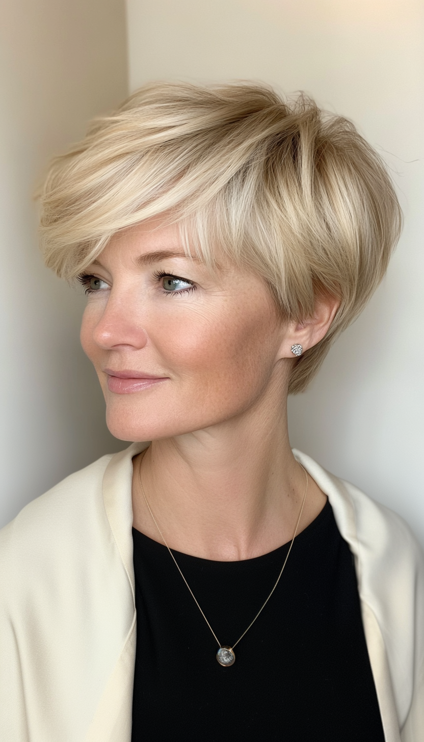 13. Wispy Pixie with Champagne Blonde Elegance (Hairstyles For Women Over 40 With Fine Hair) - Hairstyles For Women Over 40 With Fine Hair
