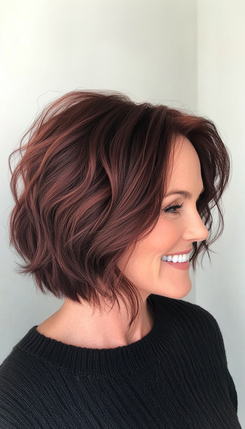 15. Jaw-Length Textured Bob with Deep Mahogany Tint (Hairstyles For Women Over 40 With Fine Hair) - Hairstyles For Women Over 40 With Fine Hair