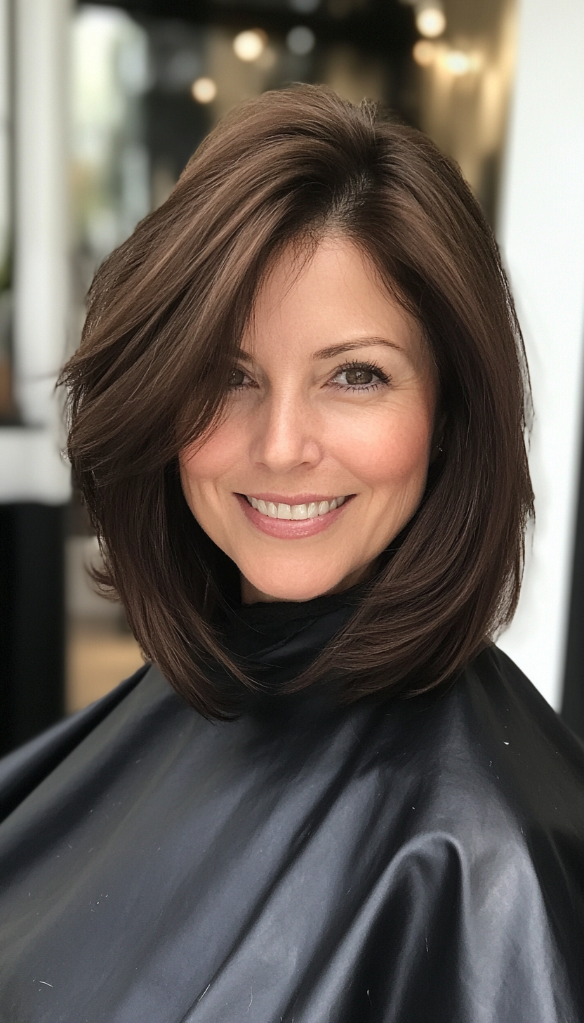 16. Straight Mid-Length Cut with Subtle Cocoa Tones (Hairstyles For Women Over 40 With Fine Hair) - Hairstyles For Women Over 40 With Fine Hair