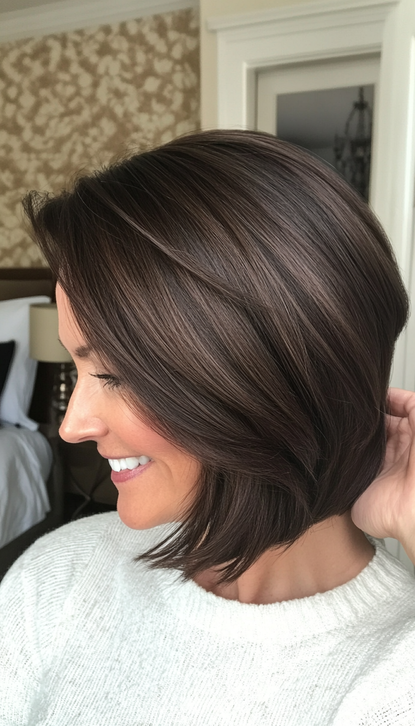 20. Tucked-Behind-Ear Bob with Dark Almond Gloss (Hairstyles For Women Over 40 With Fine Hair) - Hairstyles For Women Over 40 With Fine Hair