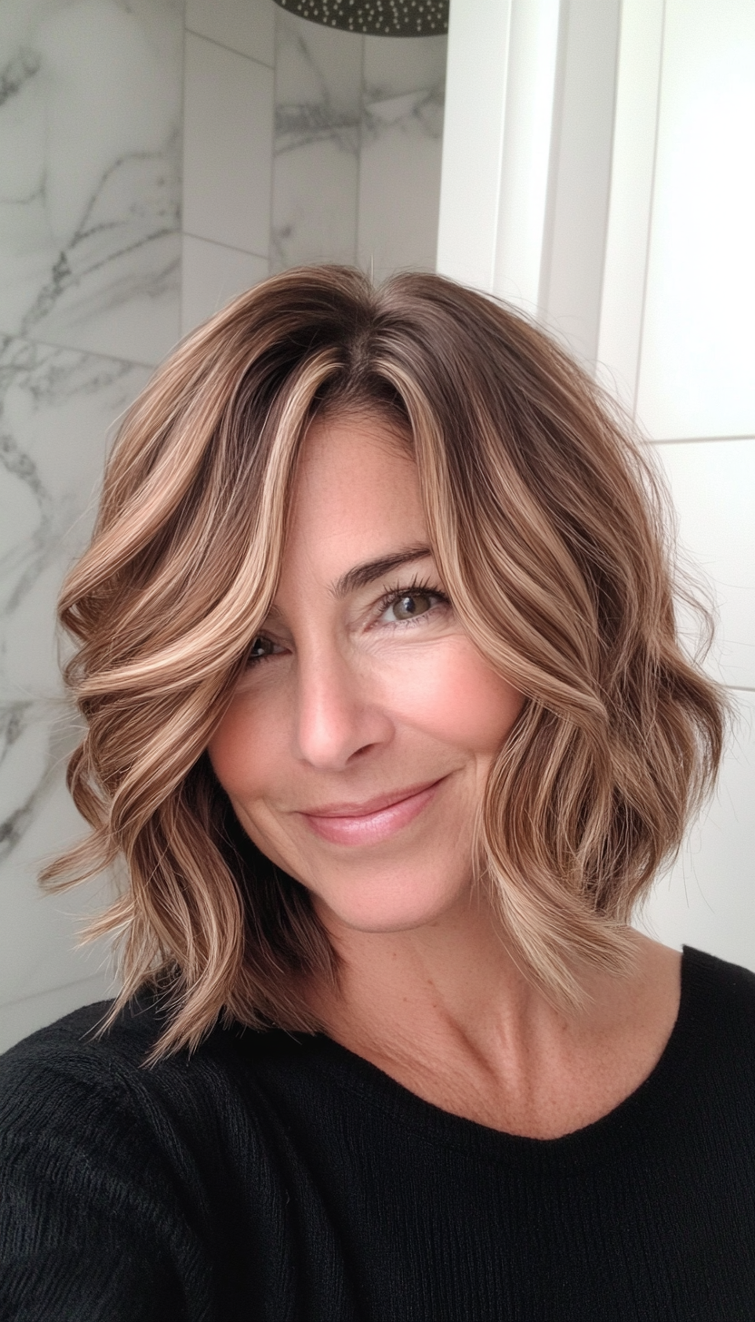21. Chin-Length Soft Waves with Warm Caramel Depth (Hairstyles For Women Over 40 With Fine Hair) - Hairstyles For Women Over 40 With Fine Hair